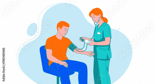 Medical, healthcare, vector illustration, blood pressure measurement, doctor, nurse, patient, medical professional, health checkup