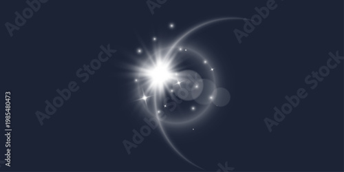White star burst with halo rings. Radial light beams, curved arcs, sparkle dots on navy backdrop. Glowing lens flare, soft circular bokeh. Space overlay, magic poster, neon effect element. Vector.
