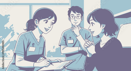 Medical professionals, healthcare team, doctor nurse, patient consultation, blue purple vector illustration