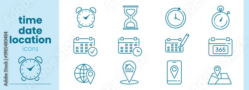 Time date location line icon set. Alarm clock, hourglass, stopwatch, calendar schedule, map pin, globe marker, mobile GPS, minimal vector illustrations. Outline signs for business. Editable Stroke.