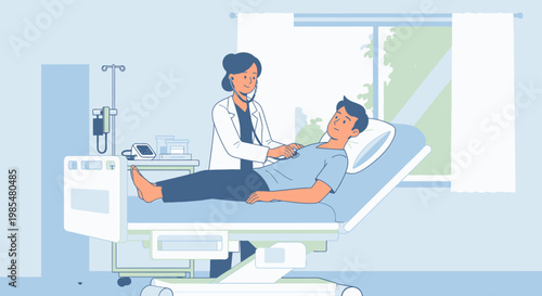 Medical, hospital, healthcare, vector illustration, doctor, patient, clinic, treatment, care, nurse, bed, room, blue, white, flat design, modern, medicine, health, wellness, medical staff