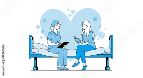 Medical professionals, healthcare workers, hospital setting, blue vector illustration, caregiver and patient consultation