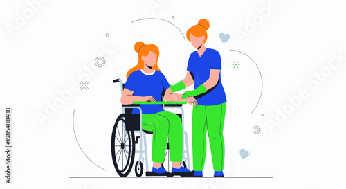 Vector illustration of caregiver and patient, healthcare and medical support, disability and accessibility, inclusive care concept, blue and green color scheme