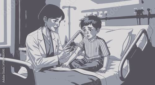 Medical, hospital, doctor, patient, healthcare, illustration, vector, grayscale, monochrome, kid, child, examination, treatment, care, medical professional, nurse, health, wellness, clinic, room