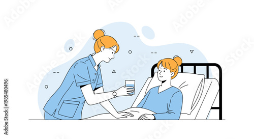 Medical, healthcare, vector illustration, nurse, patient, hospital, care, support, blue, minimalistic