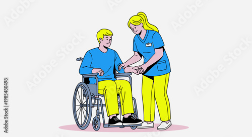 Disability care, healthcare worker assisting wheelchair user, blue uniform vector illustration, accessibility support