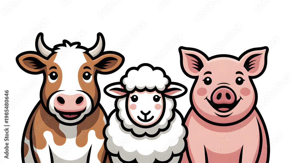 Fototapeta premium Farm animals in a line during a bright day