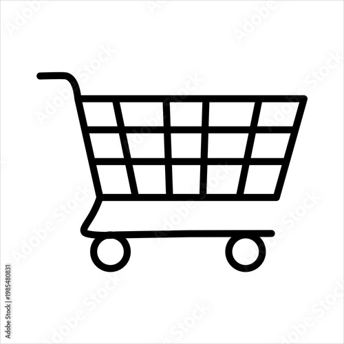 Simple black outline icon of an empty shopping cart, representing retail, commerce, and online purchasing activities.