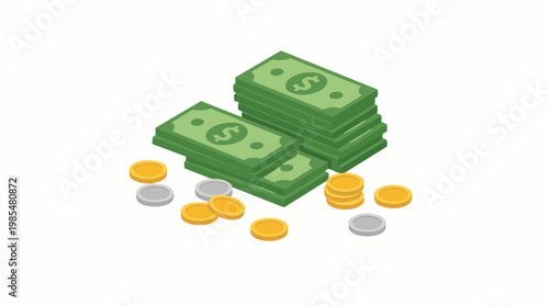 Isometric stacks of dollar bills and coins, finance and business concept