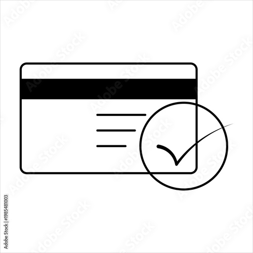 Outline illustration of a credit card with a magnetic stripe and a large checkmark in a circle, signifying successful payment or approval.
