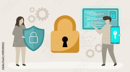 Digital security and data protection concept with people and technological elements