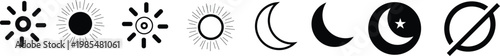 Simple Sun and moon icon vector day and night icon set .Screen brightness and contrast level signs and symbols for app 