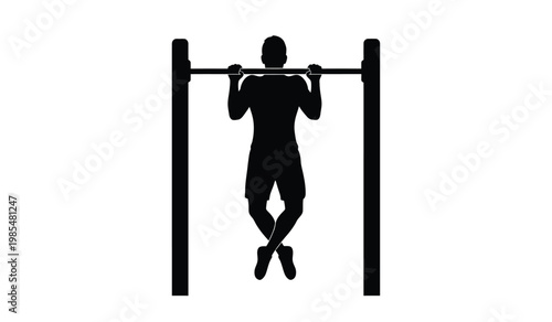 A stark black silhouette depicts a muscular man performing a pull up on a simple horizontal bar showcasing strength and fitness silhouette high quality