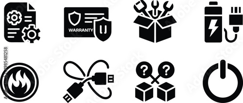 Black glyph icons set system settings security troubleshooting and power