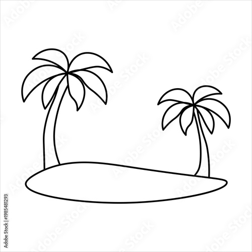 Simple outline drawing of a tropical island with two palm trees, perfect for coloring books or basic illustrations.