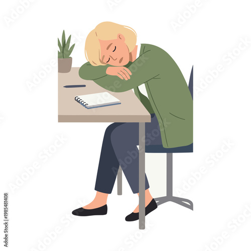 Woman falls asleep at a desk with a notebook and plant nearby indoors.