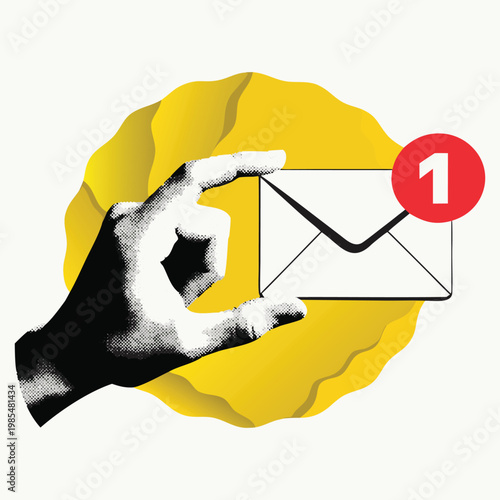 Hand Holding Email Notification Icon with New Message Alert on Yellow Background.