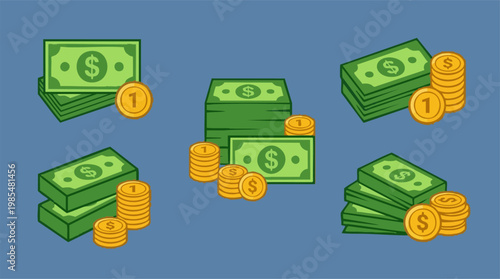 Illustration of money stacks with dollar bills and golden coins