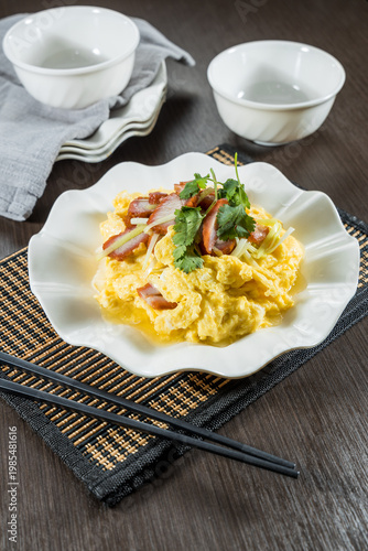 Silky scrambled eggs with roast pork