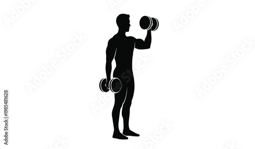 A stark black silhouette depicts a muscular man lifting dumbbells in a fitness setting showcasing strength and exercise silhouette high quality professional detailed modern