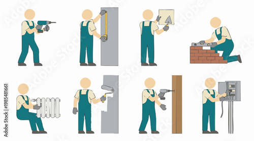Icon set of various construction, renovation, and home improvement tasks