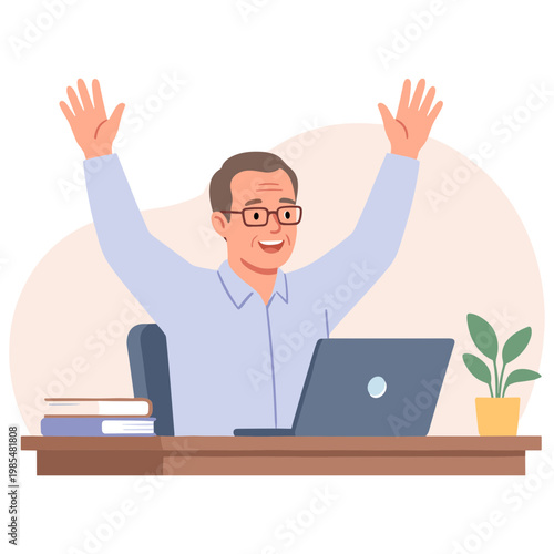 Man sitting at desk with laptop raises arms in celebration