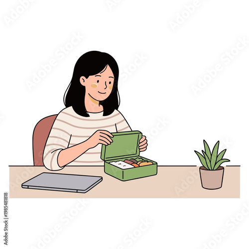 Woman opens green box sitting desk with laptop and plant nearby