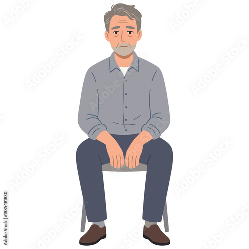 An older man sits on a chair looking sad and depressed indoors