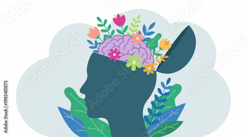 Mental health and well-being concept with a brain full of blooming flowers