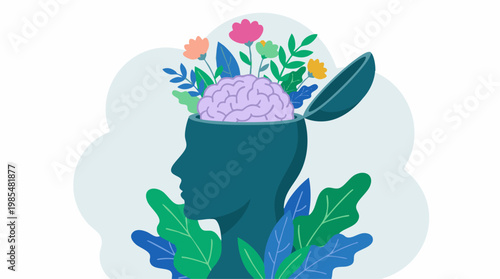 Human head with brain as garden, symbolizing mental well-being and growth