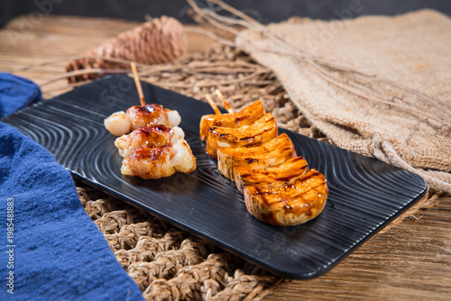 Grilled scallop and king oyster mushroom skewers
