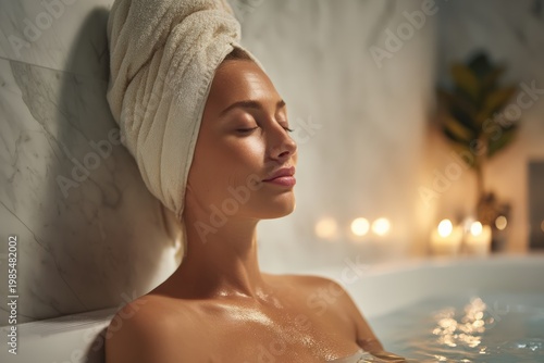 Relaxed woman enjoying spa bath with candles