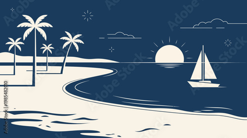 Minimalist Duotone Tropical Beach Night Landscape with Sailboat and Palm Trees Flat Vector