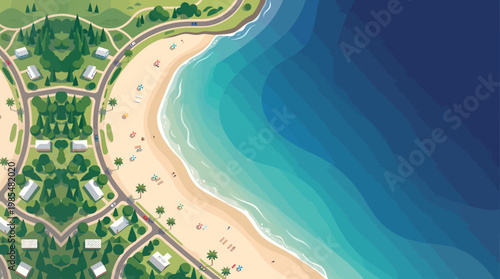 Top View Aerial Landscape of Summer Beach Coastline with Road and Houses Flat Vector