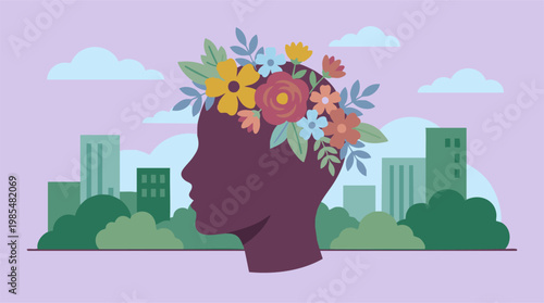 Mental well-being and growth in urban environment, head with flowers illustration