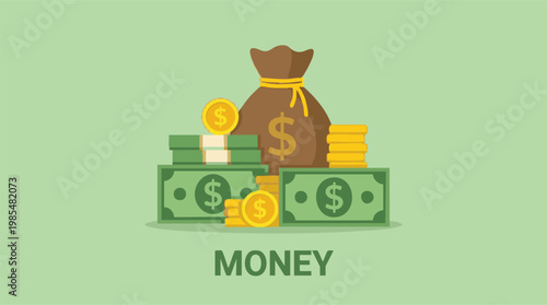 Financial assets illustration with money, cash, coins, and a money bag.