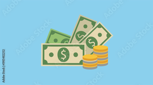 Illustration of dollar bills and coins representing finance and wealth