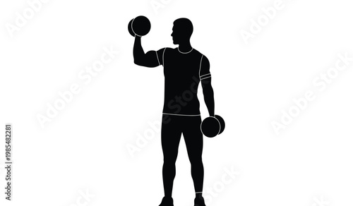 A striking image depicts a muscular man lifting dumbbells showcasing strength and fitness in a minimalist silhouette high quality professional detailed modern elegant stylish