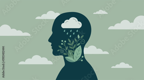 Concept of mental well-being, growth, and nature within a human head silhouette