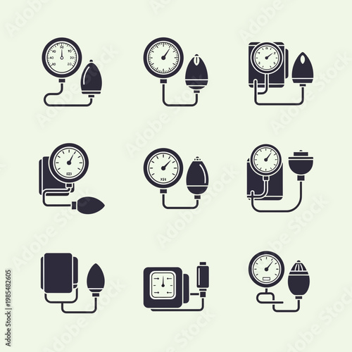 Medical Equipment Icons Set Blood Pressure Monitor ECG Thermometer Vector Illustration