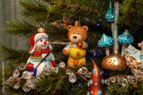 Christmas tree adorned with festive ornaments and twinkling lights
