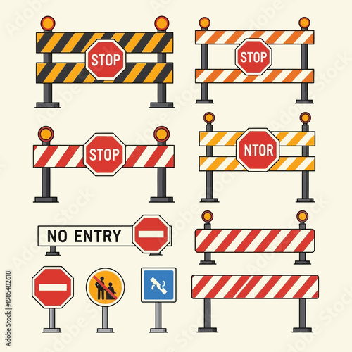 Road Construction Barriers Stop Signs Traffic Safety Icons Set Vector Illustration