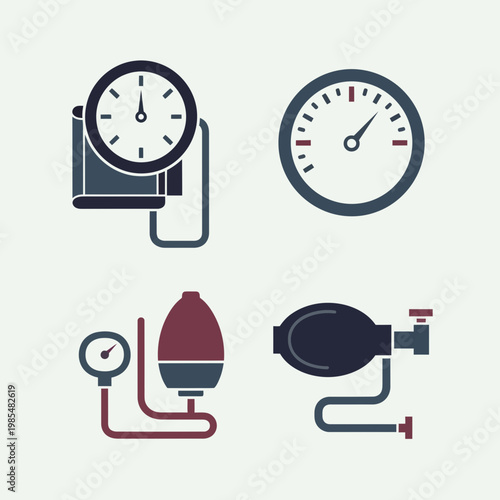 Medical Equipment Icons Set Blood Pressure Monitor ECG Thermometer Vector Illustration