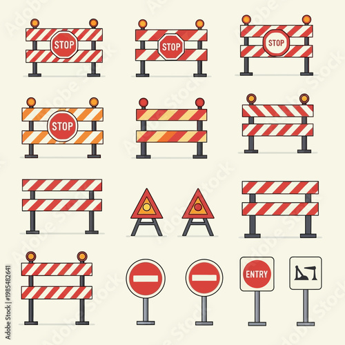 Road Construction Barriers Stop Signs Traffic Safety Icons Set Vector Illustration