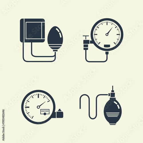 Medical Equipment Icons Set Blood Pressure Monitor ECG Thermometer Vector Illustration
