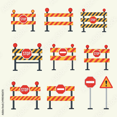 Road Construction Barriers Stop Signs Traffic Safety Icons Set Vector Illustration