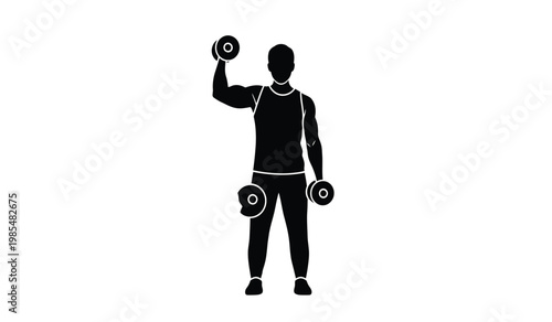 A stark black silhouette depicts a muscular person lifting dumbbells in a strength training exercise highlighting physical fitness silhouette high quality professional detailed modern