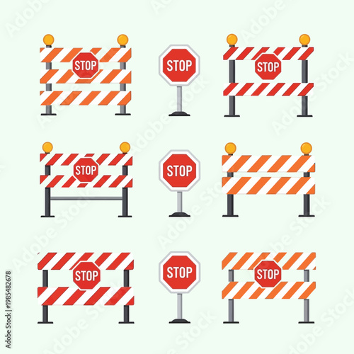 Road Construction Barriers Stop Signs Traffic Safety Icons Set Vector Illustration