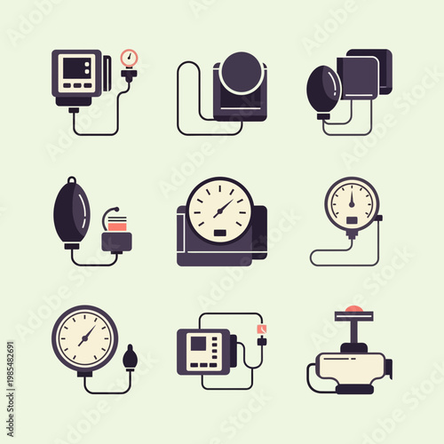 Medical Equipment Icons Set Blood Pressure Monitor ECG Thermometer Vector Illustration