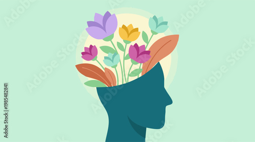 Mental well-being concept with flowers blooming from human head silhouette
